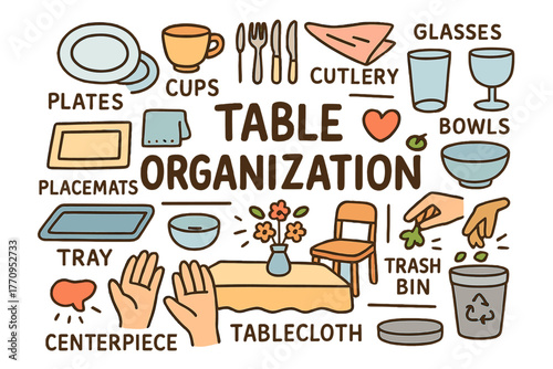 Doodle Table Setup. Table Organization. Hand-drawn doodle illustration of table organization. Plates, cups,