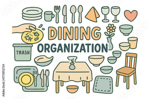 Dining Organization Doodle. Dining Organization. Hand-drawn doodle illustration of dining organization. Plates