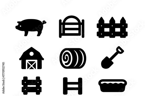 Animal Pen Icons. Animal pen. Filled icon set of animal pen: pig, gate, fence, barn, hay bale, shovel, post,