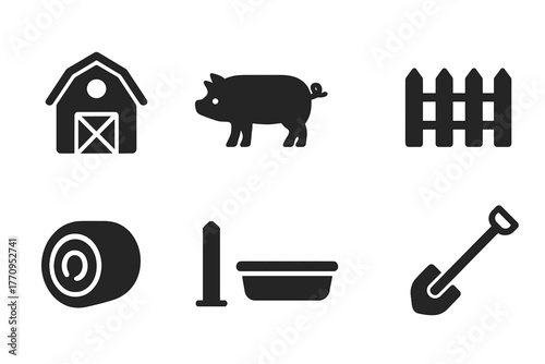 Pig Farm Icons. Pig farm setup. Filled icon set of pig farm setup: barn, pig, gate, fence, hay bale, post,