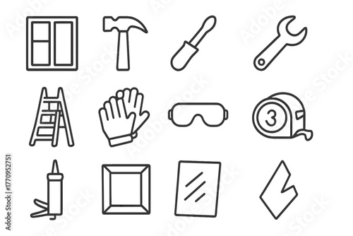 Home Improvement Icons. Home improvement. Line outline icon set of home improvement: window, hammer,