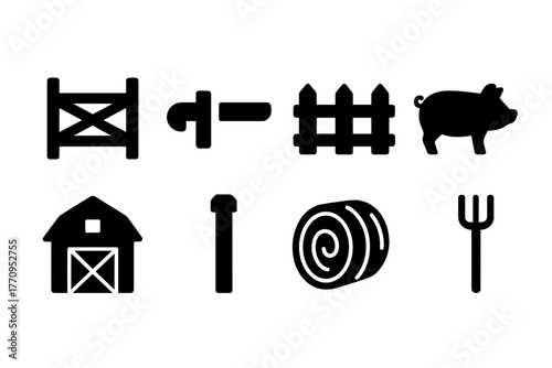 Pigsty Gate Icons. Pigsty gate. Filled icon set of pigsty gate: wooden gate, latch, fence, pig, barn, post,