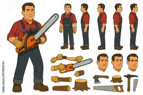 Lumberjack Character Set. Cartoon realistic vector illustration, Character constructor style, isolated