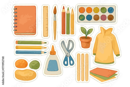 Creative Classroom Stickers. Creative classroom toolkit. Realistic hand-painted watercolor style sticker sheet