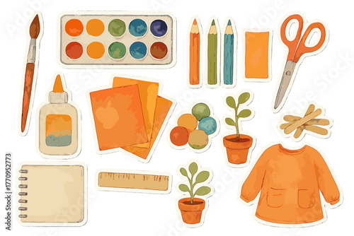 Art Supply Stickers. Creative arts kit. Realistic hand-painted watercolor style sticker sheet of creative arts