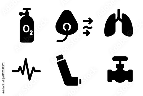 Oxygen Supply Icons. Oxygen supply. Filled icon set of oxygen supply: oxygen tank, mask, tube, airflow arrows,