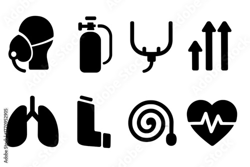 Oxygen Therapy Icons. Oxygen therapy. Filled icon set of oxygen therapy: oxygen mask, oxygen tank, nasal