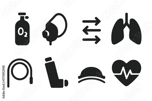 Oxygen Enrichment Icons. Oxygen enrichment. Filled icon set of oxygen enrichment: oxygen tank, mask, airflow