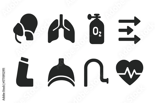 Respiratory Support Icons. Respiratory support. Filled icon set of respiratory support: oxygen mask, lungs,