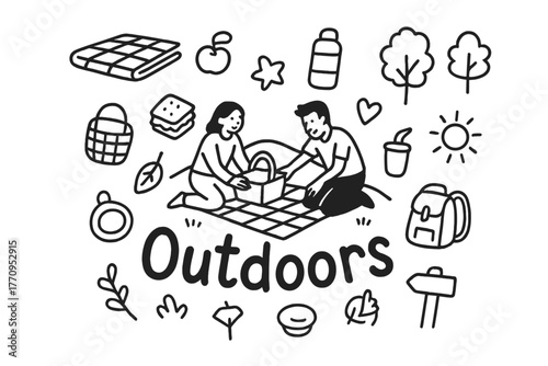Picnic Doodle Delight. Outdoor activities. Hand-drawn doodle illustration of outdoor activities. In the middle