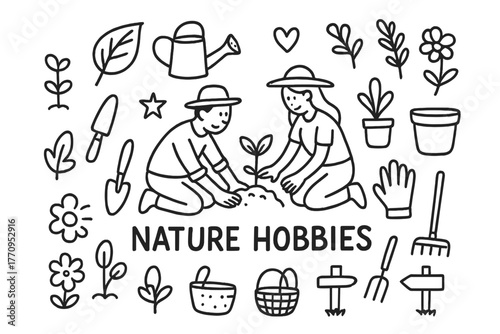 Nature Hobbies Doodles. Nature hobbies. Hand-drawn doodle illustration of nature hobbies. In the middle, one