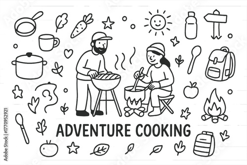 Adventure Cooking Doodles. Adventure cooking. Hand-drawn doodle illustration of adventure cooking. In the
