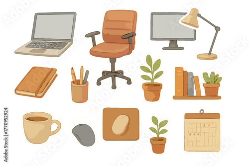 Workspace Sticker Essentials. Efficient workspace essentials. Realistic hand-painted watercolor style sticker