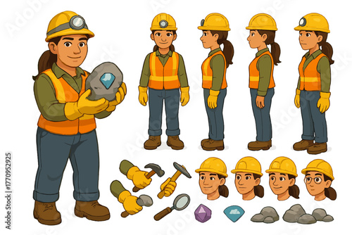 Gem Miner Adventure. Cartoon realistic vector illustration, Character constructor style, isolated transparent