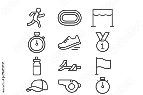 Race Event Icons. Race event. Line outline icon set of race event: runner, track, finish line, stopwatch,
