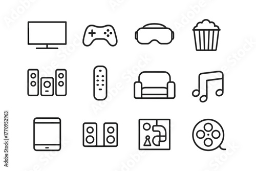 Interactive Entertainment Icons. Interactive home entertainment experiences. Line outline icon set of