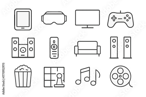 Digital Entertainment Icons. Digital entertainment. Line outline icon set of digital entertainment: tablet, VR