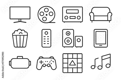Home Cinema Icons. Home cinema. Line outline icon set of home cinema: television, movie reel, sound system,