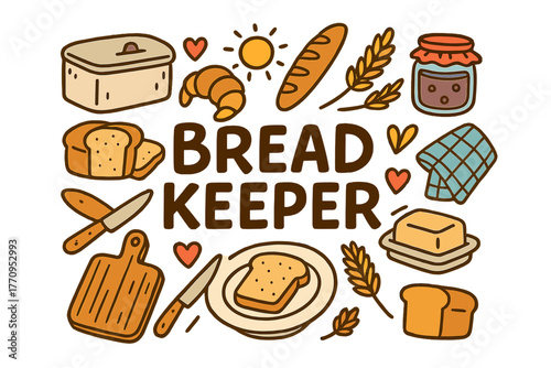 Bread Keeper Doodle. Bread Keeper. Hand-drawn doodle illustration of bread keeper. Loaf of bread, slices,