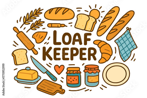 Loaf Keeper Illustration. Loaf Keeper. Hand-drawn doodle illustration of loaf keeper. Loaf of bread, slices,