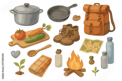 Nature Cooking Stickers. Cooking and nature adventures. Realistic hand-painted watercolor style sticker sheet