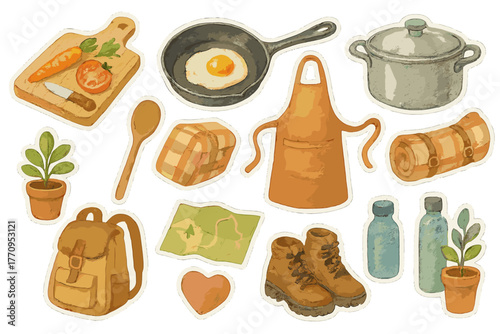 Hobby Essentials Stickers. Shared hobby essentials. Realistic hand-painted watercolor style sticker sheet of