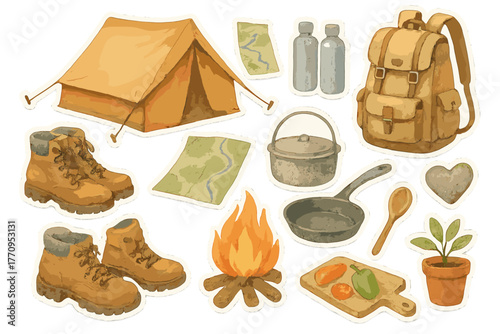 Watercolor Adventure Stickers. Shared adventure set. Realistic hand-painted watercolor style sticker sheet of