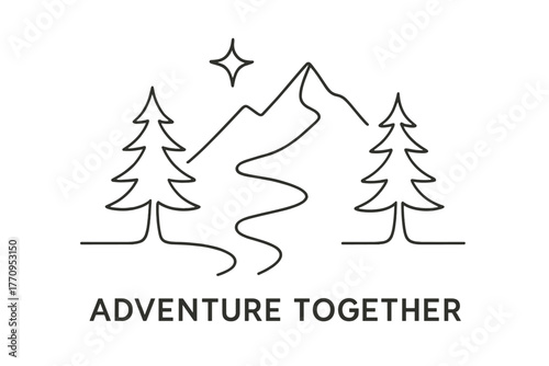 Mountain Trail Minimalism. Adventure Together. minimalistic one-line drawing of a mountain trail with trees
