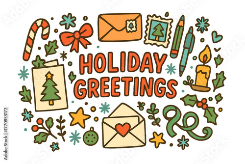Festive Doodle Greeting. Holiday Greetings. Hand-drawn doodle illustration of holiday greetings. Greeting