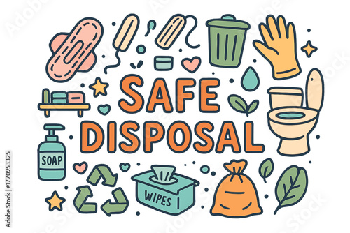 Safe Disposal Doodle. Safe Disposal. Hand-drawn doodle illustration of safe disposal. Sanitary pads, tampons,