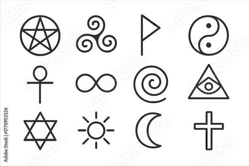 Symbolic Icon Grid. Symbolic icons. Line outline icon set of symbolic icons: pentagram, triskelion, elder