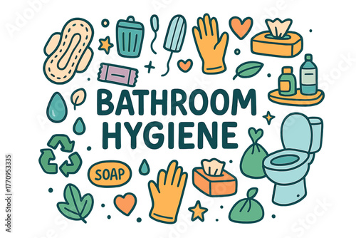 Bathroom Hygiene Doodles. Bathroom Hygiene. Hand-drawn doodle illustration of bathroom hygiene. Sanitary pads,