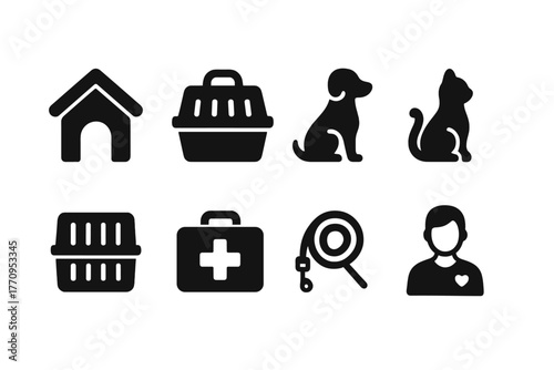 Animal Shelter Icons. Animal sheltering. Filled icon set of animal sheltering: kennel, carrier, dog, cat,