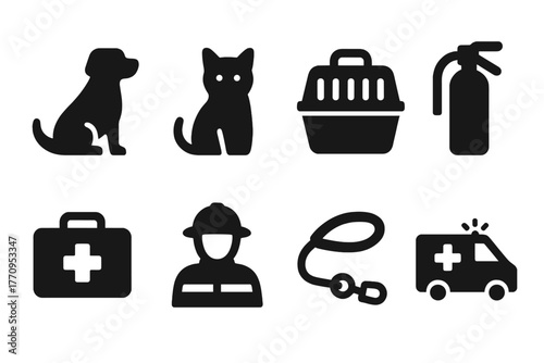 Animal Rescue Icons. Animal rescue. Filled icon set of animal rescue: dog, cat, carrier, fire extinguisher,