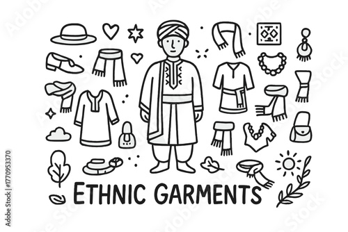 Ethnic Garment Doodles. Ethnic garments. Hand-drawn doodle illustration of ethnic garments. In the middle, one