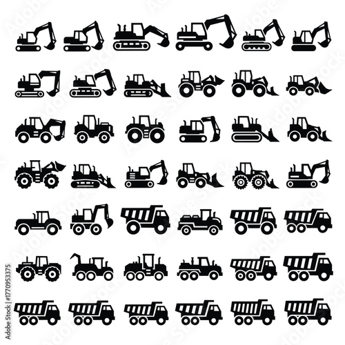 Construction vehicle icon set, black and white, excavator, bulldozer, dump truck, loader, backhoe, tractor, silhouette, grid layout, heavy machinery, vector
