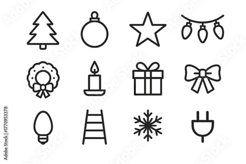 Holiday Decoration Icons. Holiday decorations. Line outline icon set of holiday decorations: Christmas tree,