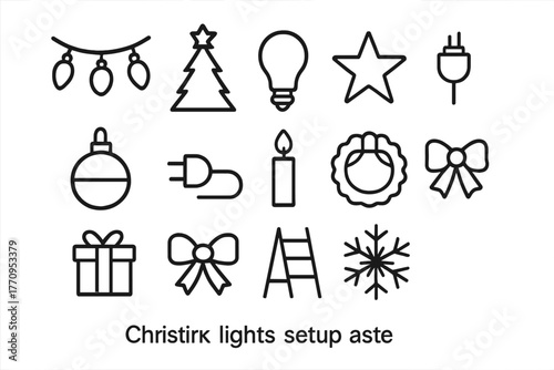 Festive Lights Icons. Christmas lights setup. Line outline icon set of Christmas lights setup: string lights,