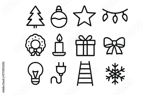 Festive Ornament Icons. Festive ornaments. Line outline icon set of festive ornaments: Christmas tree,