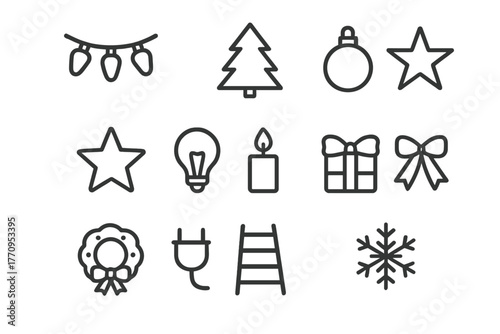 Festive Icon Set. Festive setup. Line outline icon set of festive setup: string lights, Christmas tree,