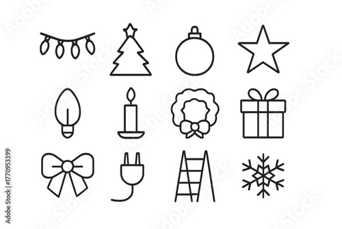 Holiday Icon Set. Holiday illumination. Line outline icon set of holiday illumination: string lights,