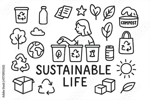 Sustainable Living Illustration. Sustainable living. Hand-drawn doodle illustration of sustainable living. In