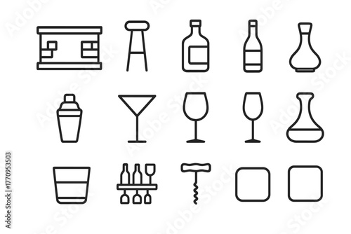 Home Bar Essentials Icons. Home bar essentials. Line outline icon set of home bar essentials: bar counter, bar