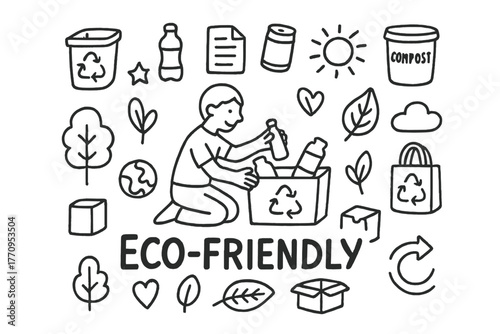 Eco-Friendly Doodle Illustration. Eco-friendly habits. Hand-drawn doodle illustration of eco-friendly habits.