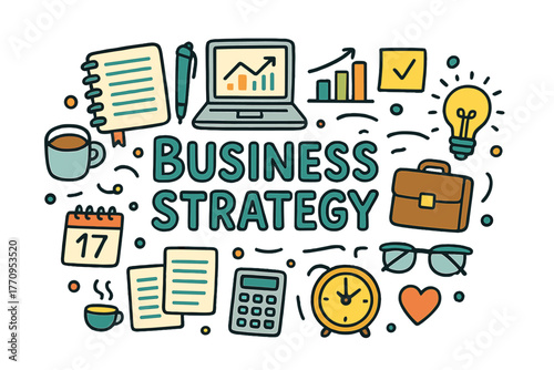 Doodle Business Strategy. Business Strategy. Hand-drawn doodle illustration of business strategy. Notebook,