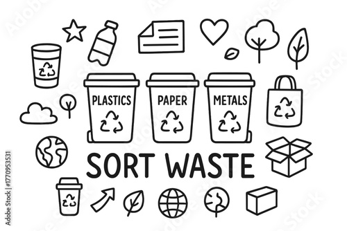 Waste Sorting Doodle. Waste sorting. Hand-drawn doodle illustration of waste sorting. In the middle, one