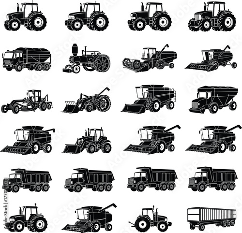 Agricultural and construction vehicle icon set, black and white, tractor, combine harvester, dump truck, bulldozer, silhouette, heavy machinery, vector, grid layout