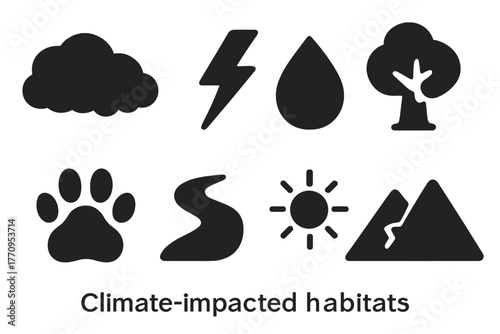 Climate Impact Icons. Climate-impacted habitats. Filled icon set of climate-impacted habitats: cloud,