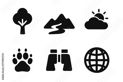 Ecosystem Monitoring Icons. Ecosystem monitoring. Filled icon set of ecosystem monitoring: tree, river,