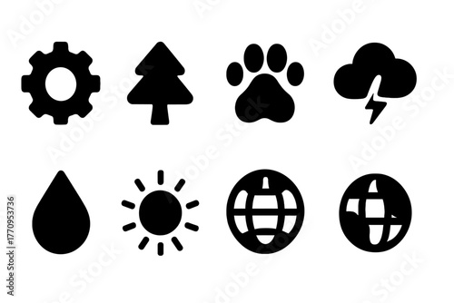 Adaptive Management Icons. Adaptive management. Filled icon set of adaptive management: gear, tree, animal paw